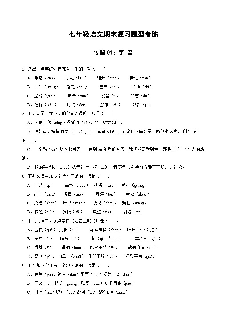 专题01：字音 2023-2024年七年级上册语文期末复习专练题型  （统编版）01