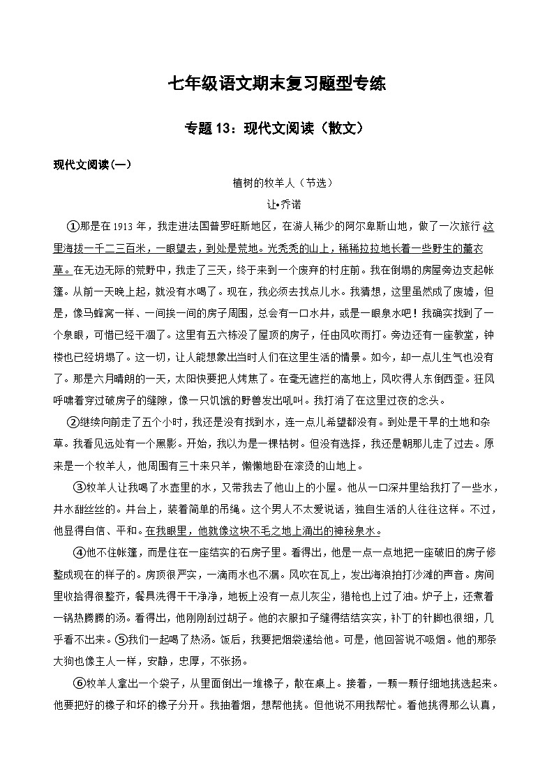 专题13：现代文阅读（散文） 2023-2024年七年级上册语文期末复习专练题型 （统编版）01