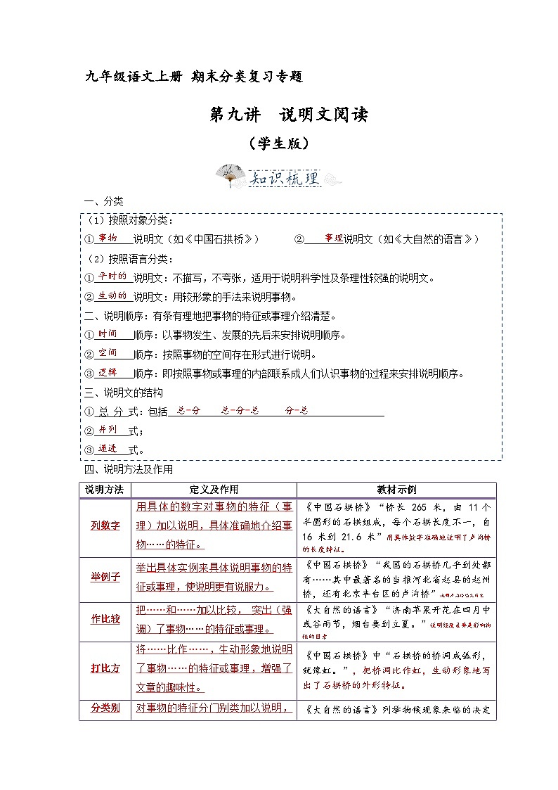 第9讲 说明文（原卷版）2023-2024学年九年级语文上学期专题复习 统编版01