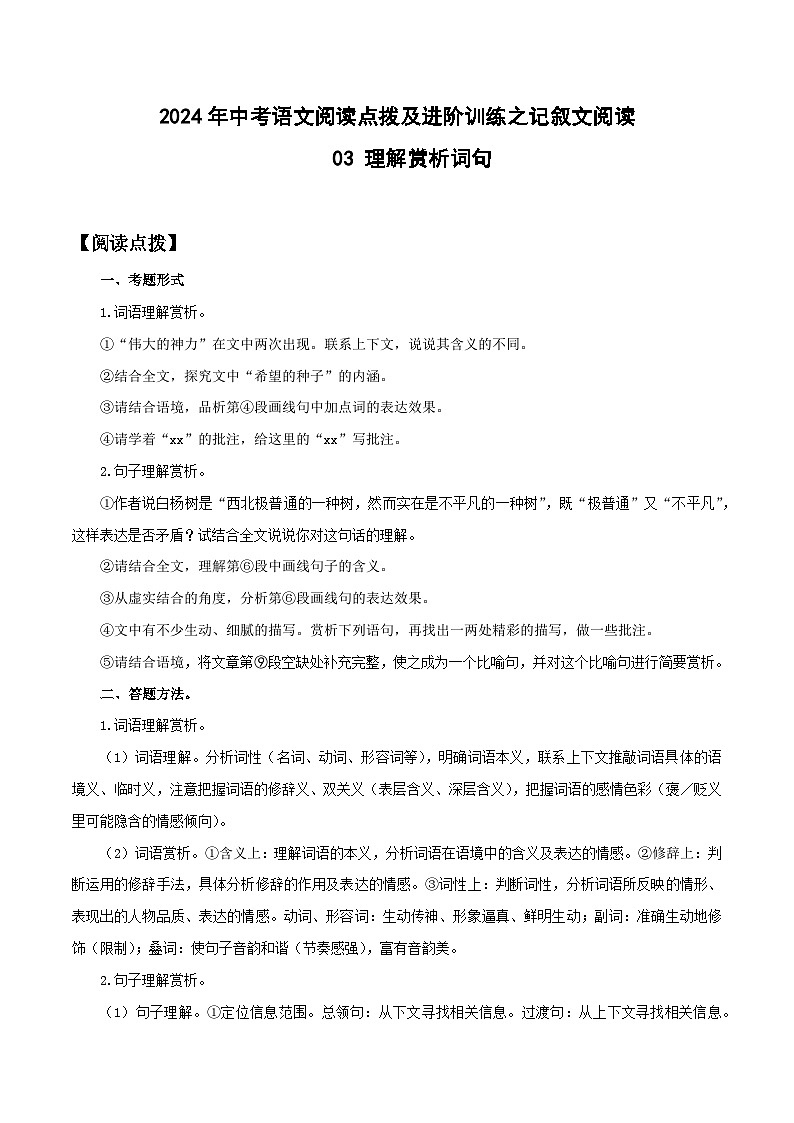 03 理解赏析词句-2024年中考语文阅读点拨及进阶训练-记叙文阅读01