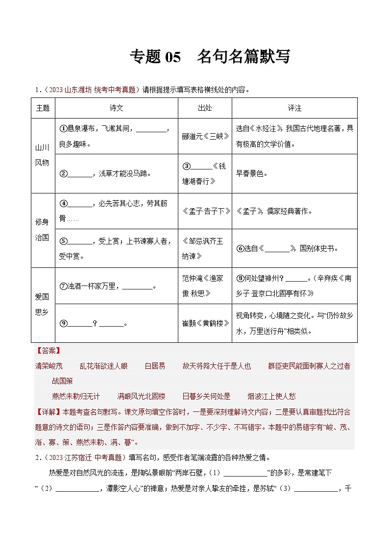 专题05  名句名篇默写-2023年中考语文真题分项汇编（全国通用）（原卷版+解析版）01