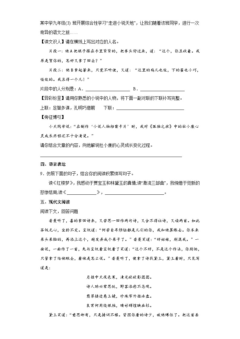 部编版语文九年级上册 第25课《刘姥姥进大观园》同步练习 (word版含答案)第3页