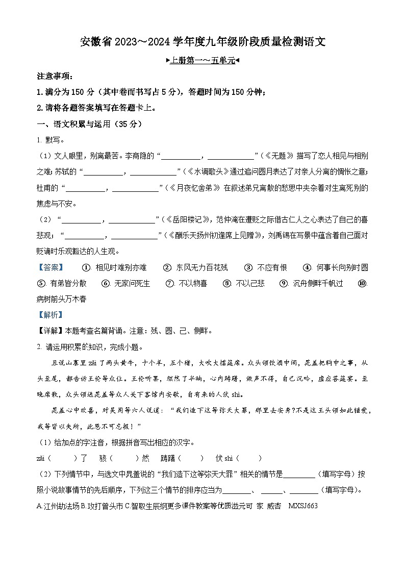 安徽省阜阳市太和县2023-2024学年九年级上学期期中语文试题（解析版）01