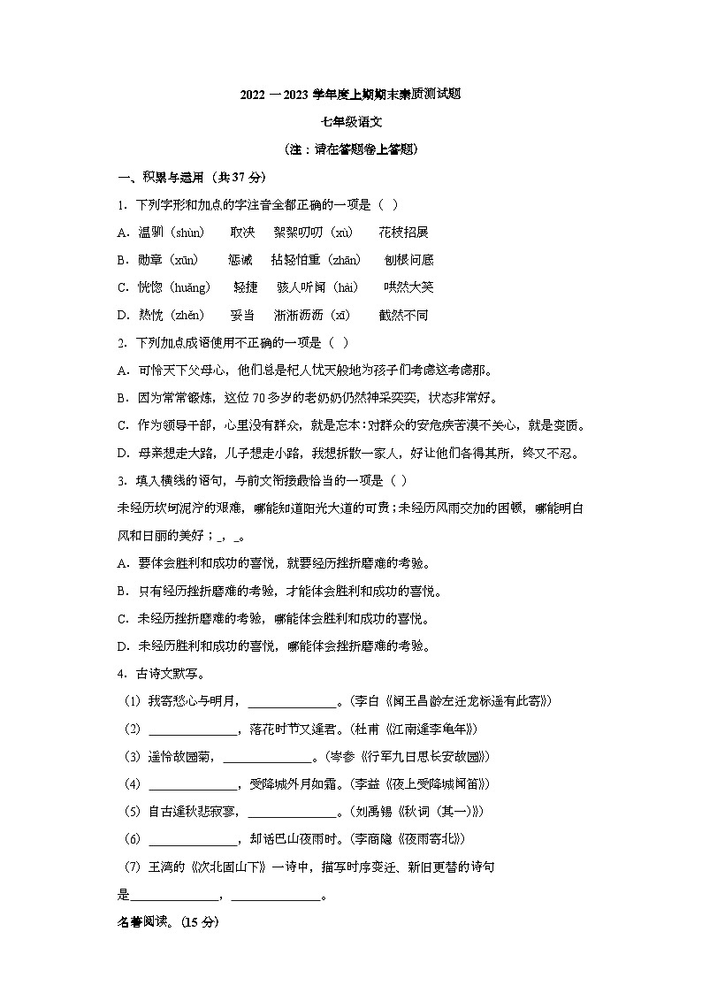 河南省驻马店市汝南县2022-2023学年七年级上学期期末 语文试题（含解析）第1页