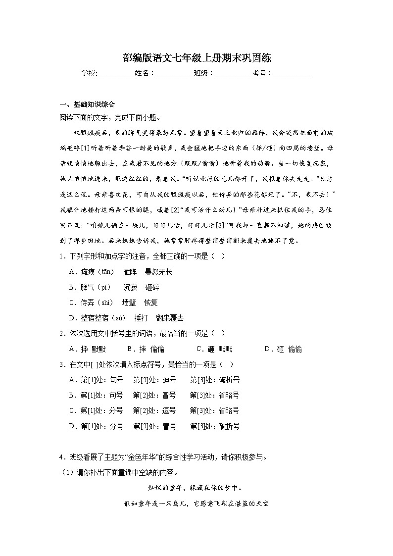 部编版语文七年级上册期末巩固练01