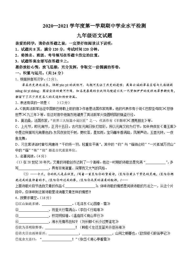 山东省聊城市莘县2020-2021学年九年级上学期中语文试卷第1页