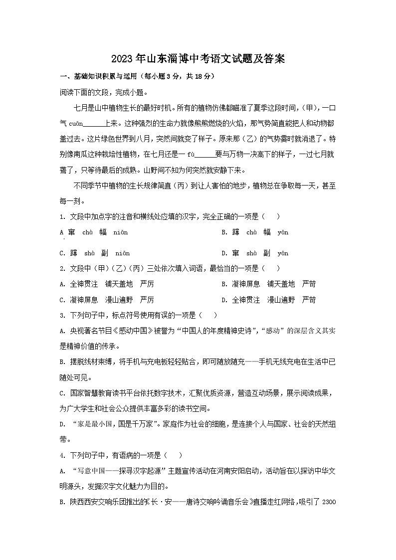2023年山东淄博中考语文试题及答案01