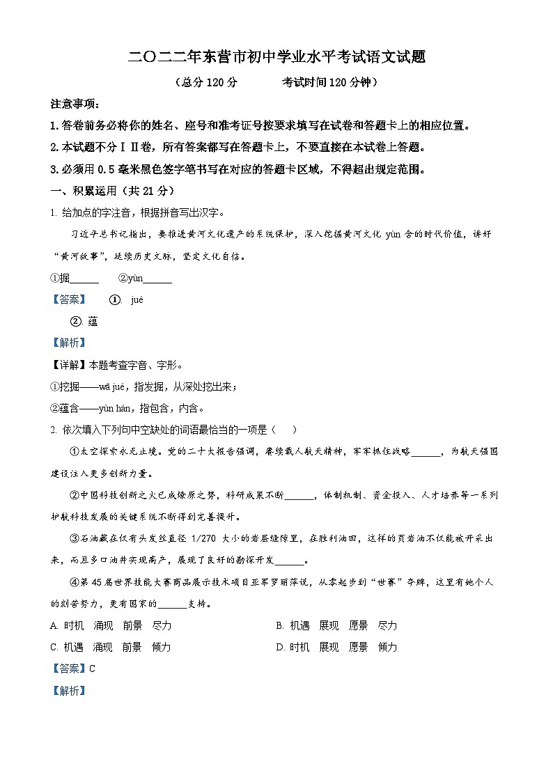 2023年山东省东营市中考语文真题01