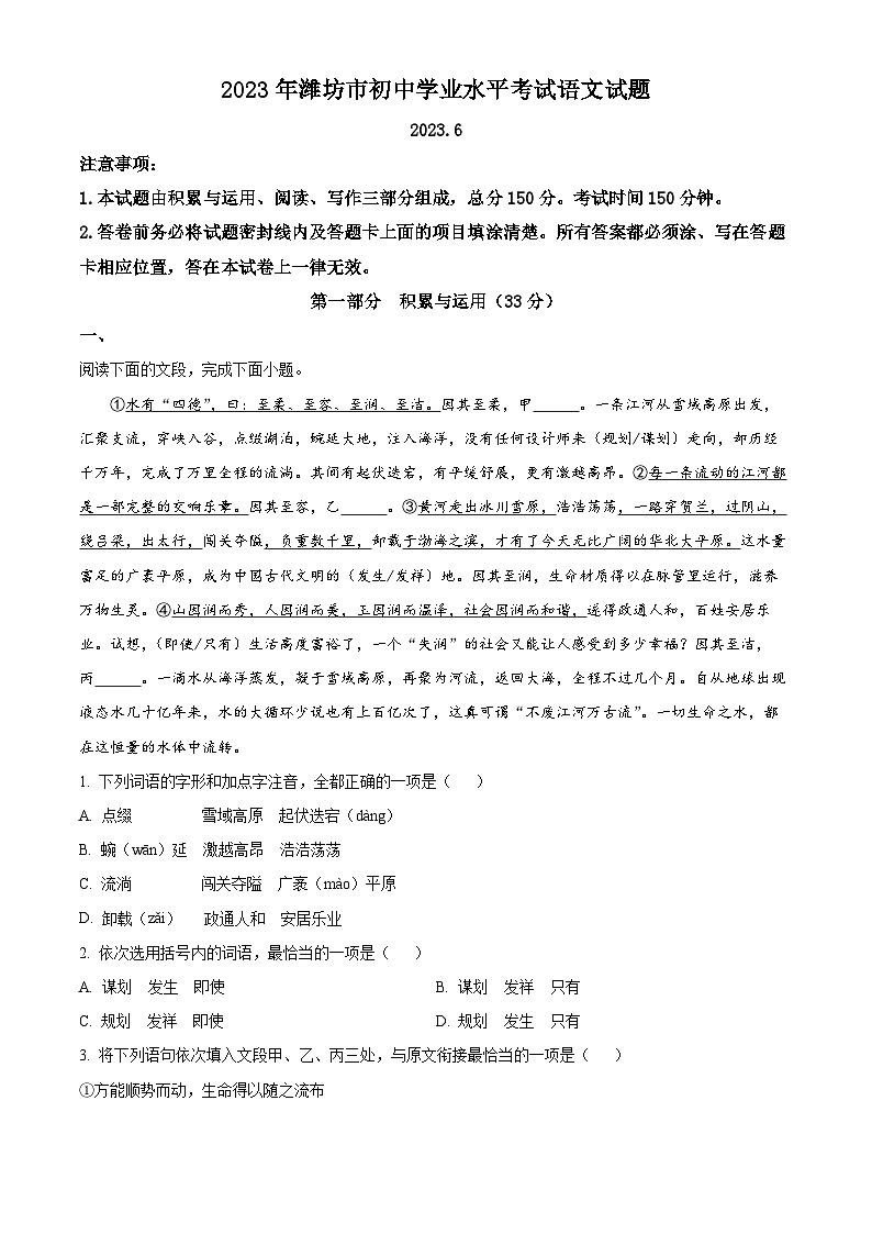 2023年山东省潍坊市中考语文真题01