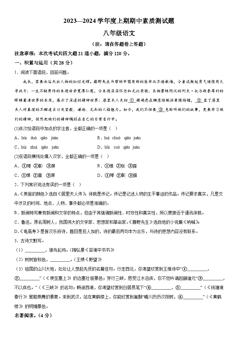 河南省驻马店市确山县2023-2024学年八年级上册期中考试语文试题（含解析）第1页