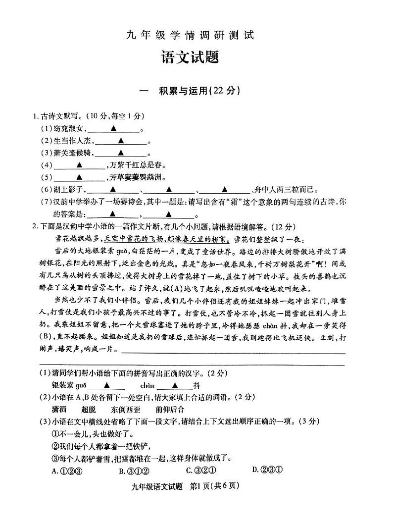 江苏省徐州市沛县2023-2024学年九年级上学期12月月考语文试题01