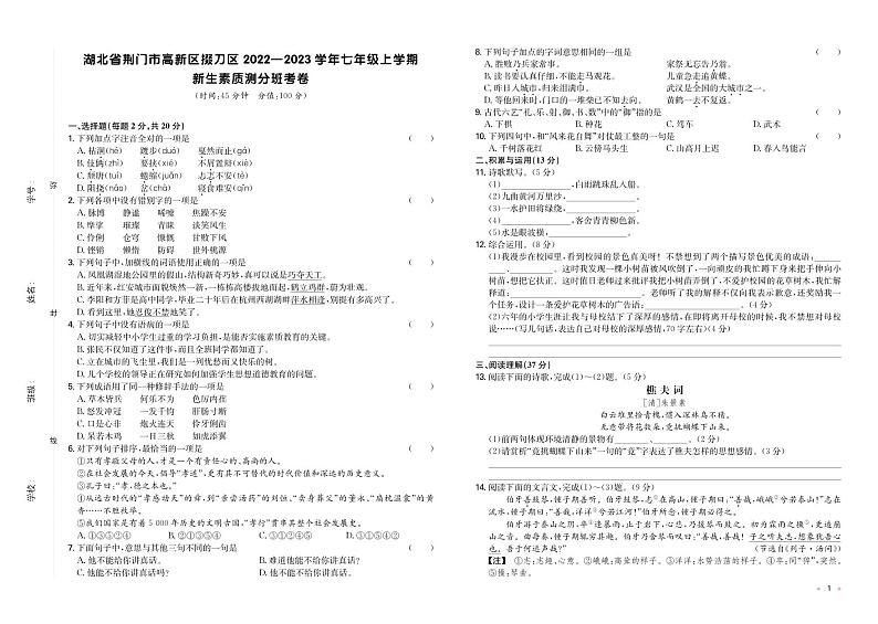 湖北省荆门市高新区掇刀区2022—2023学年七年级上学期新生素质测分班考试语文卷01