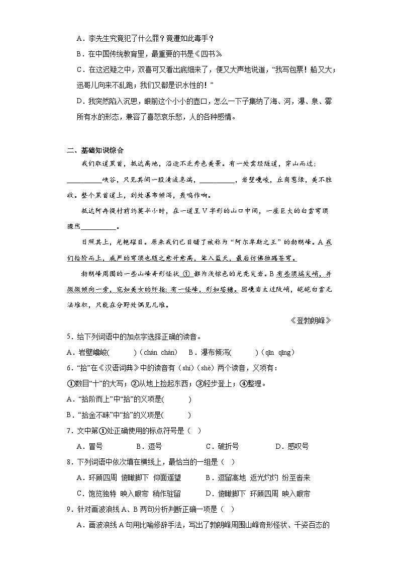 19.登勃朗峰同步练习 部编版语文八年级下册02