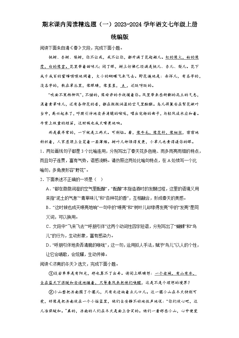 期末课内阅读精选题（一）2023-2024学年语文七年级上册统编版第1页