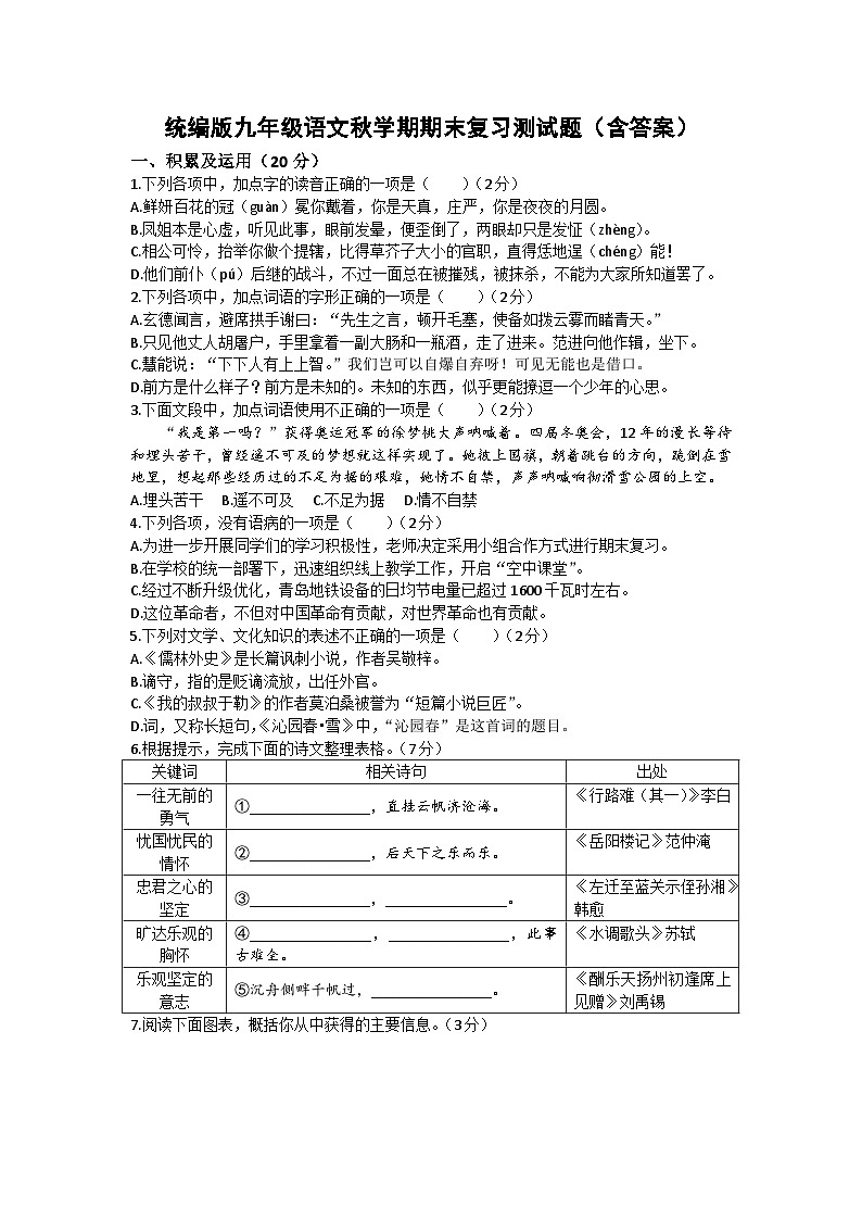 统编版九年级语文秋学期期末复习测试题（含答案）第1页