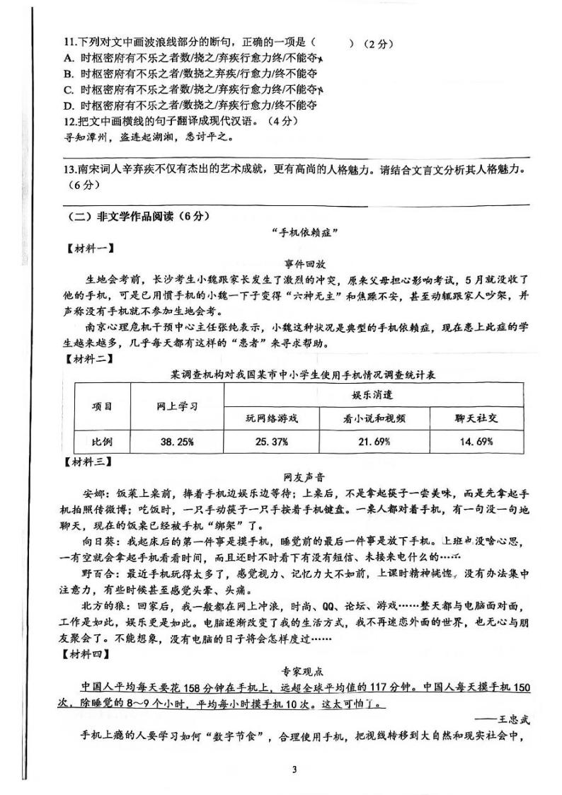 湖南省长沙市雅礼实验中学2023—2024学年九年级上学期第三次月考语文试卷03