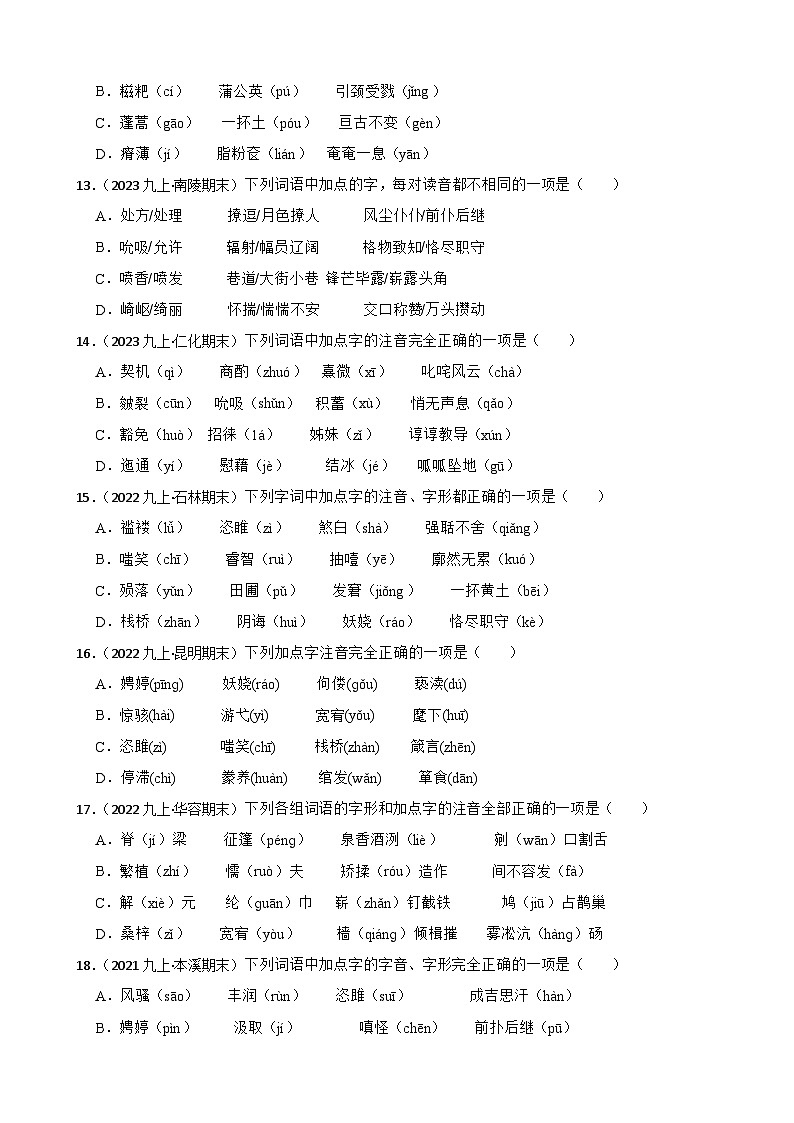 【期末复习】部编版2023-2024学年九年级上册语文复习 专项训练（字音专项）03