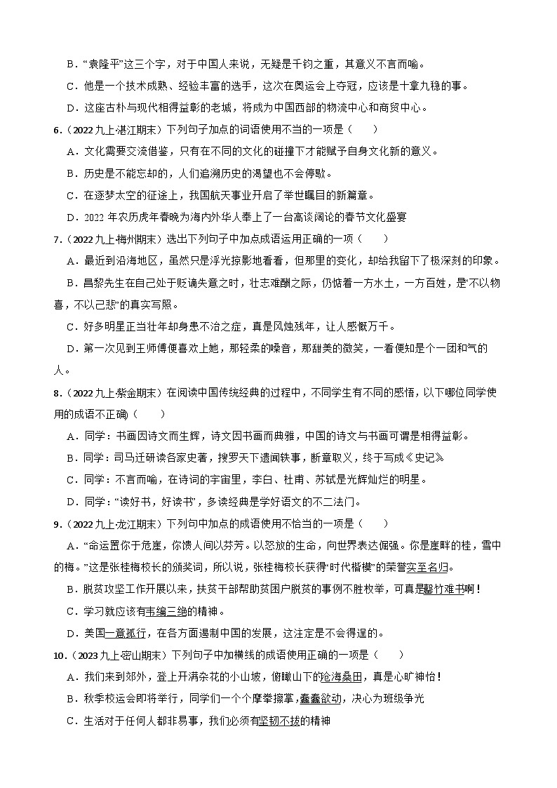 【期末复习】部编版2023-2024学年九年级上册语文期末复习 专项训练（成语运用） 试卷02