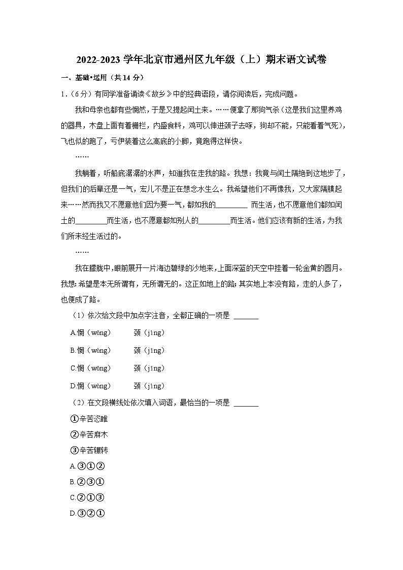 2022-2023学年北京市通州区九年级（上）期末语文试卷01