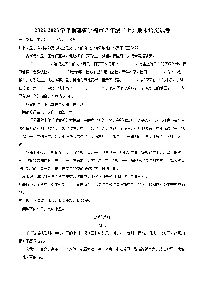 2022-2023学年福建省宁德市八年级（上）期末语文试卷（含详细答案解析）01