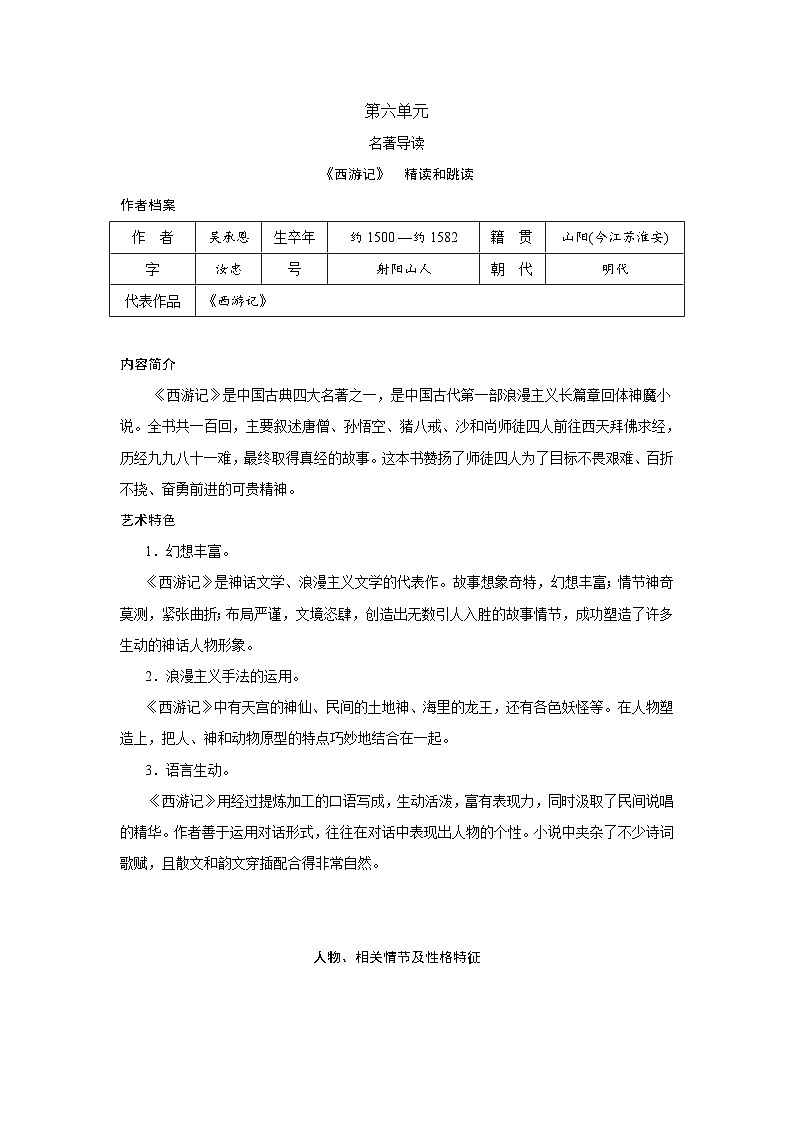 人教版语文七上 名著导读 《西游记》　精读和跳读（知识点归纳）01