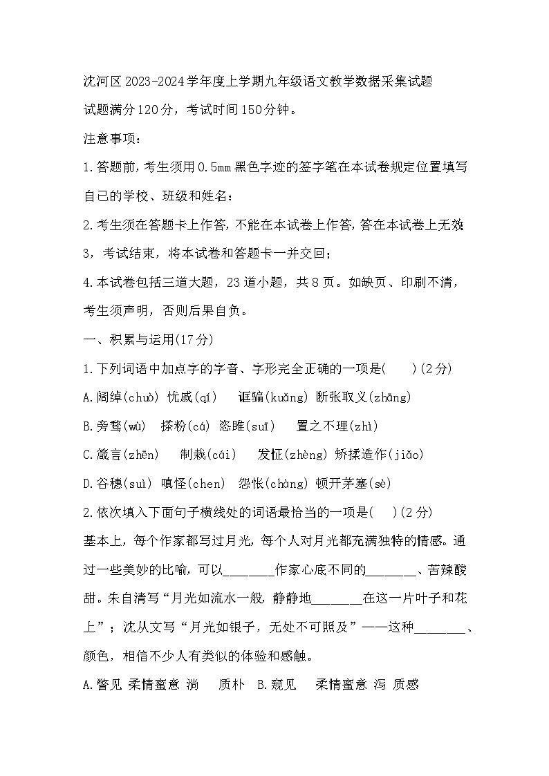 辽宁省沈阳市沈河区2023-2024学年九年级上学期期末考试语文试卷01