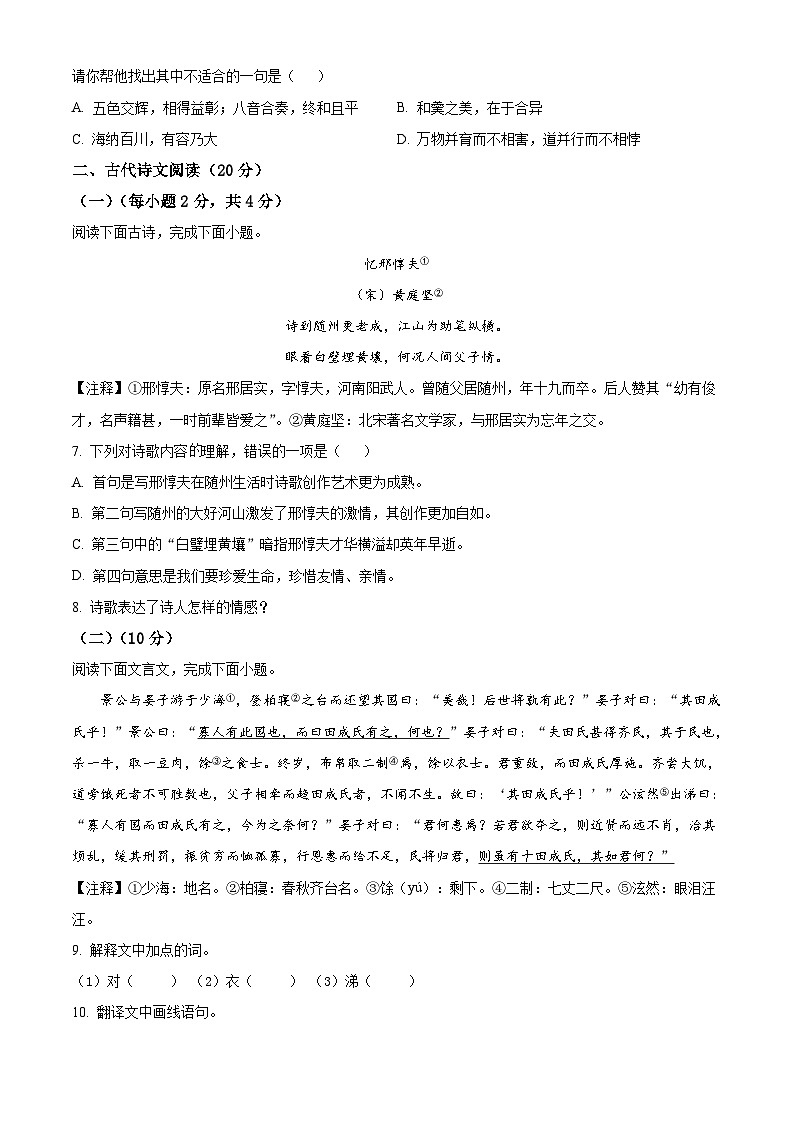 江西省景德镇市乐平市2022-2023学年八年级下学期期末语文试题02