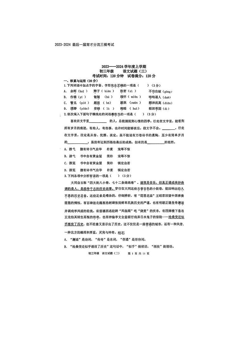 辽宁省沈阳市东北育才学校2023-2024学年九年级上学期期末考试语文试题01