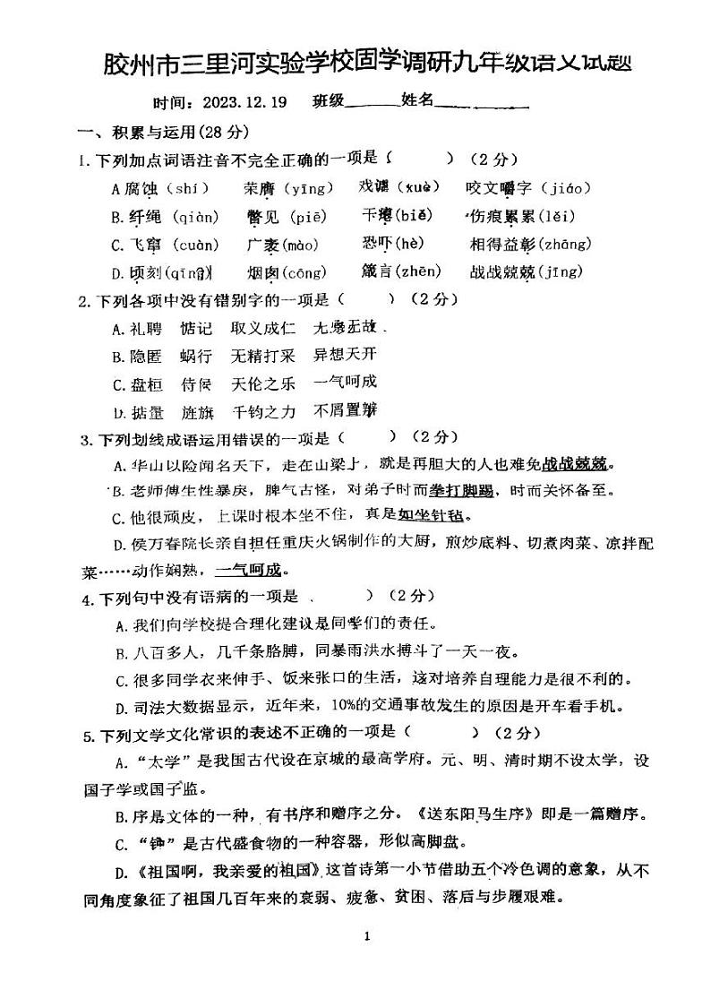 山东省青岛市胶州市三里河实验学校2023-2024学年九年级上学期12月月考语文试题01