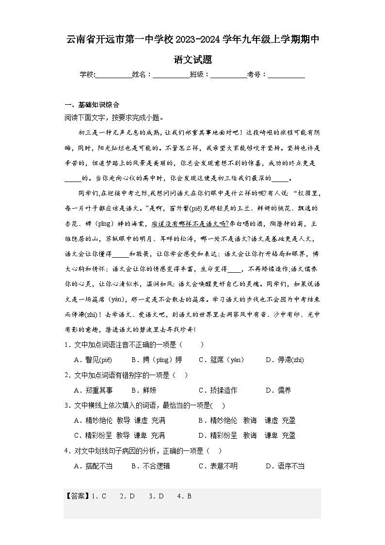 云南省开远市第一中学校2023-2024学年九年级上学期期中语文试题01