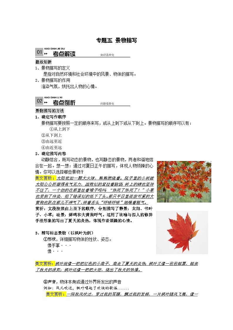 【全套精品专题学案】通用版语文七年级上册初一预科教材专题五 景物描写（知识梳理+含答案）01