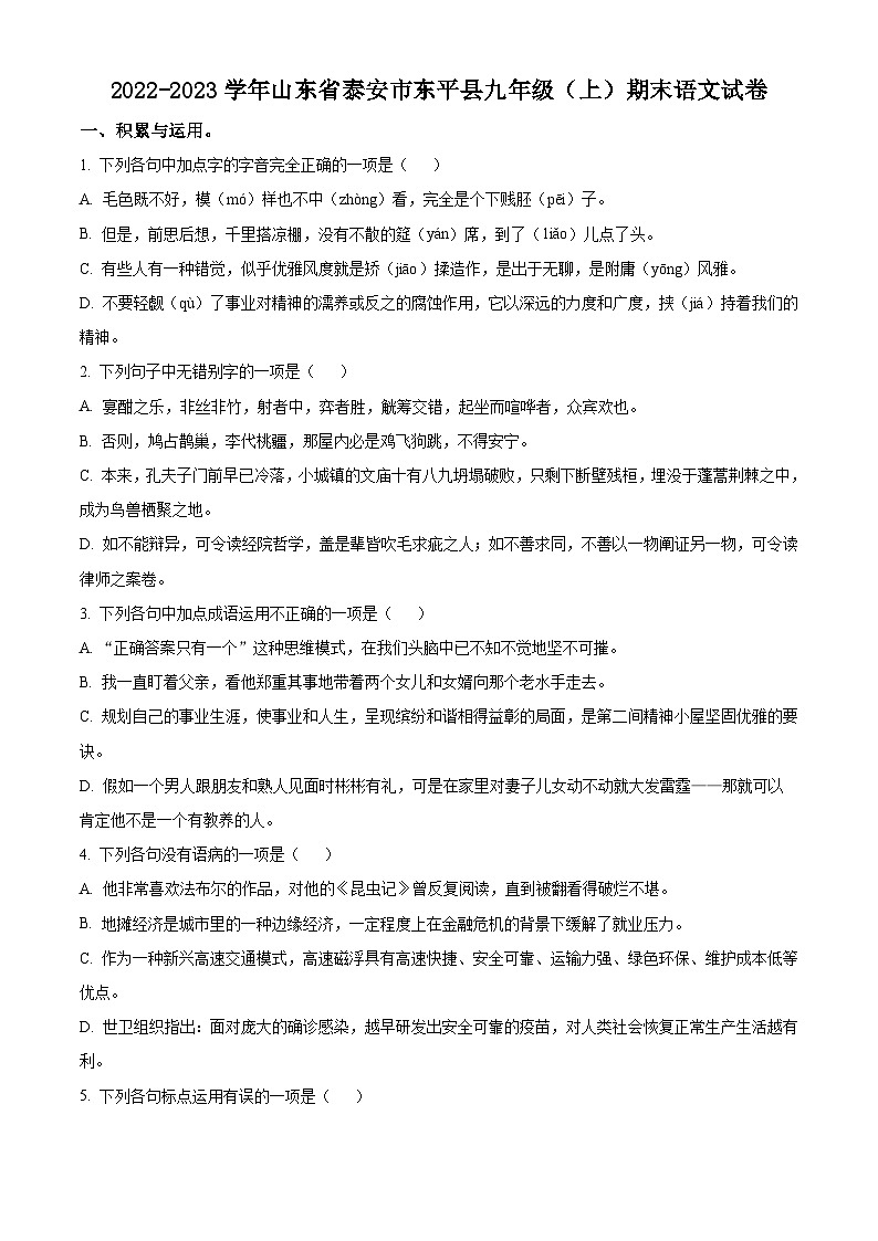 山东省泰安市东平县2022-2023学年九年级上学期期末语文试题01