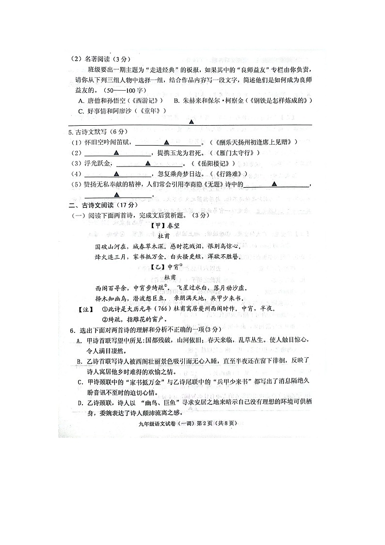 2024年辽宁抚顺市顺城区中考一模语文试卷02