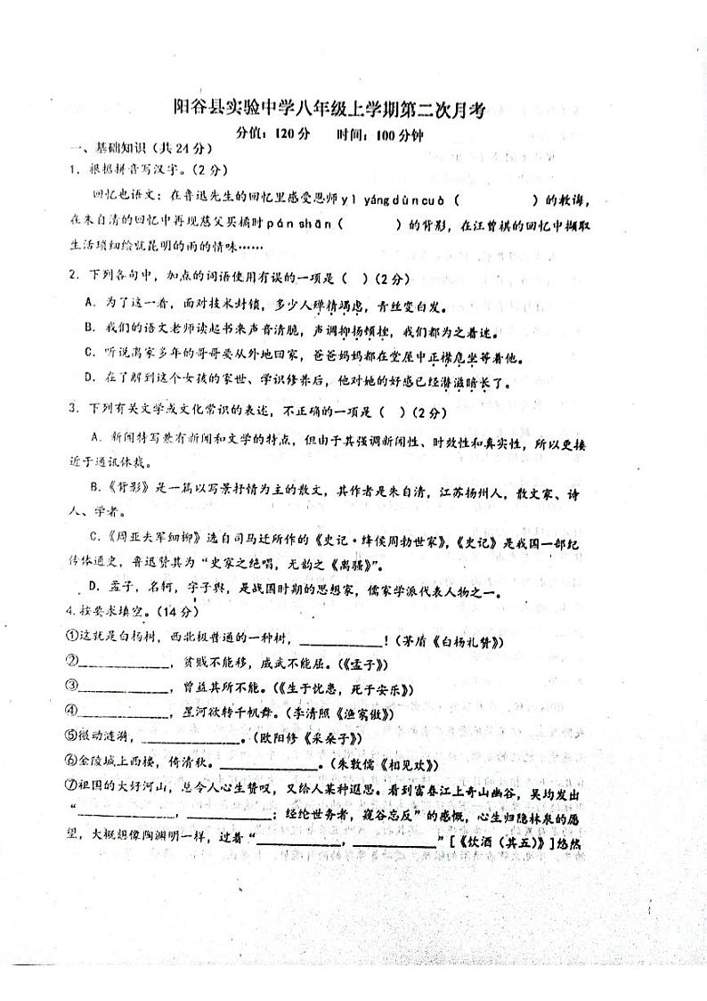 山东省聊城市阳谷县实验中学2023-2024学年八年级上学期12月月考语文试题01