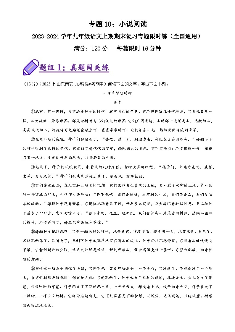 专题10：小说阅读-2023-2024学年九年级语文上期期末复习专题限时练（全国通用）（解析版）第1页