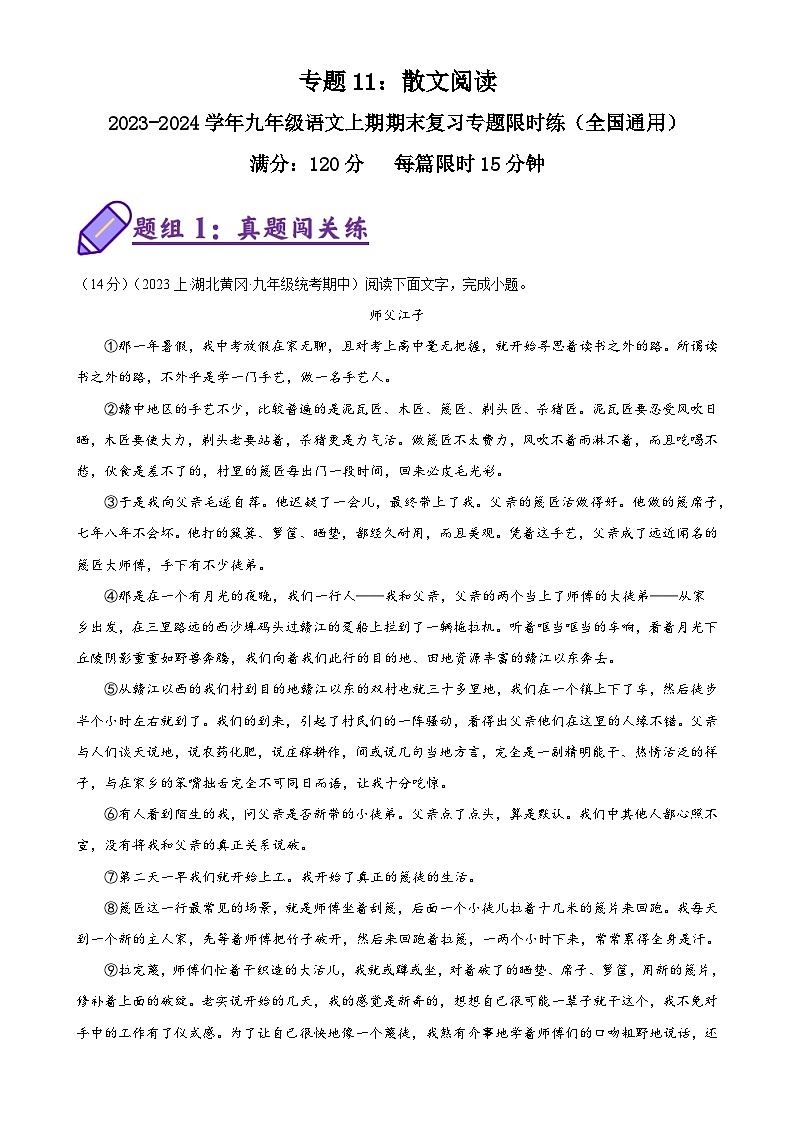 专题11：散文阅读-2023-2024学年九年级语文上期期末复习专题限时练（全国通用）01