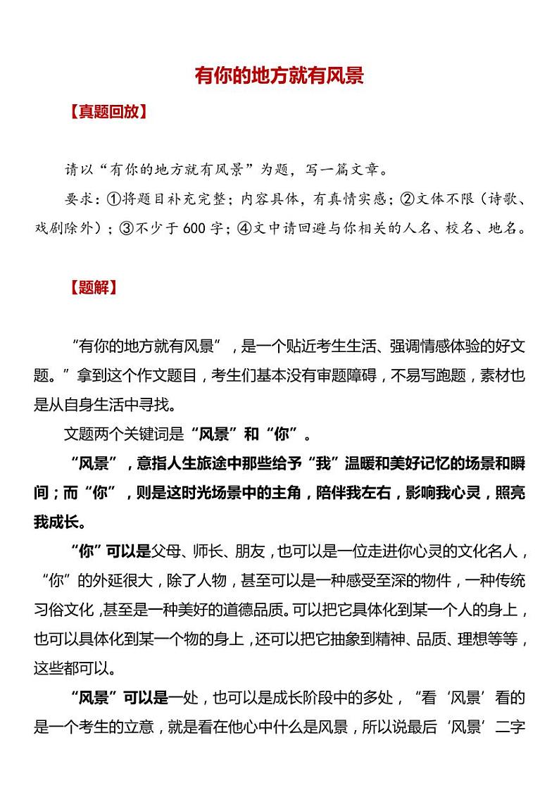 部编版中考九年级下册语文素材作文指导教案+中考满分作文：有你的地方就有风景（5篇）第1页