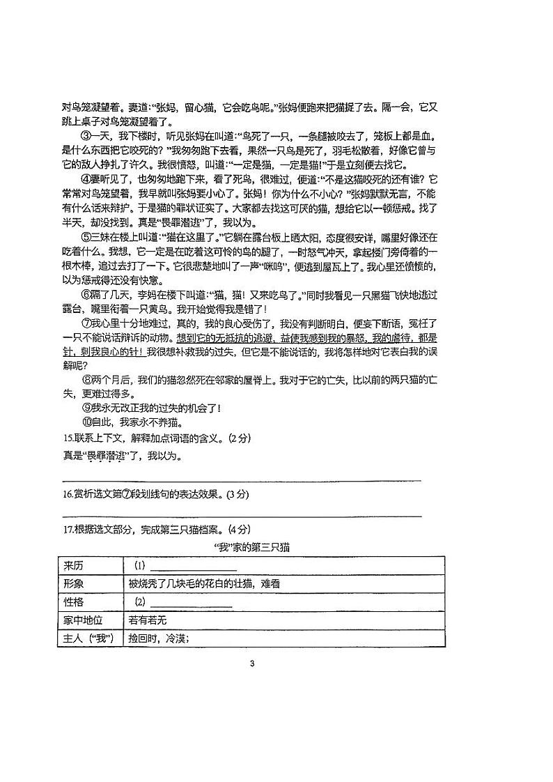 上海松江区第七中学2023—2024学年七年级（五四学制）上学期12月月考语文试题第3页