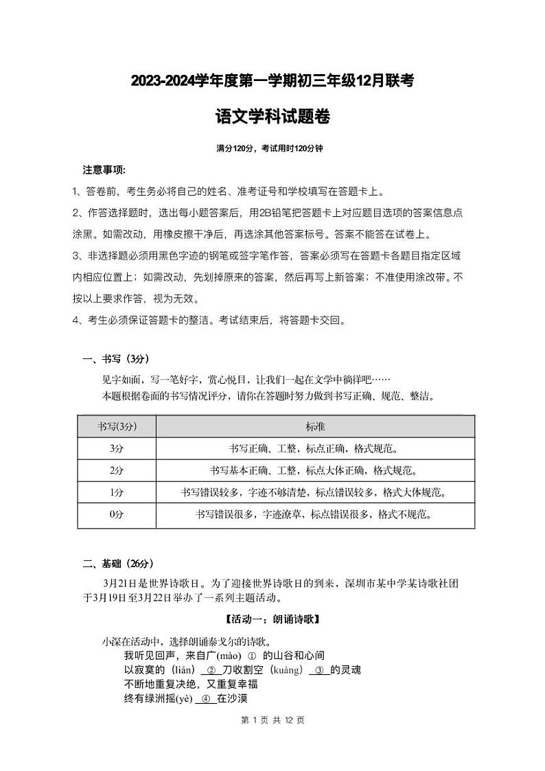 广东省深圳市罗湖区2023—2024学年九年级上学期12月联考语文试题01