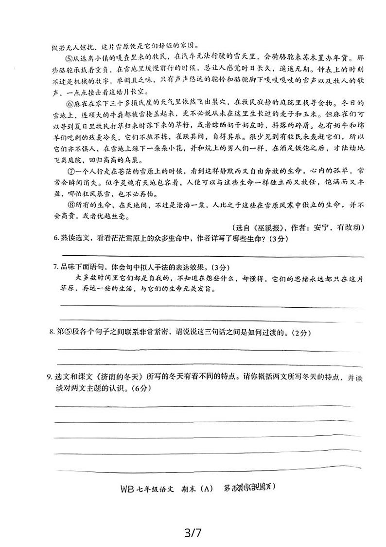 河南省商丘市夏邑县2023-2024学年七年级上学期期末教学质量检测语文试卷第3页