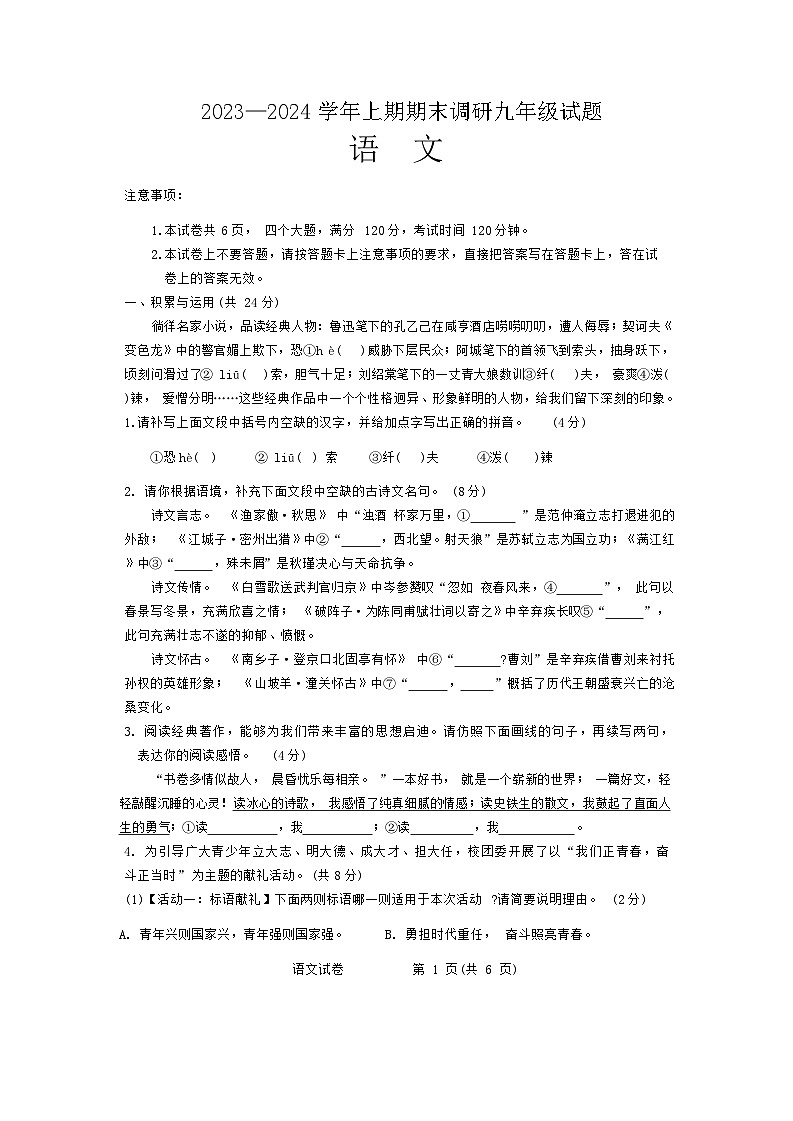 河南省周口市西华县2023—2024学年九年级上学期期末考试语文试题01