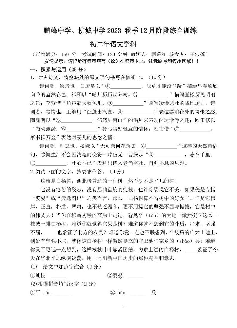 福建省南安市市区联盟校2023-2024学年九年级上学期12月月考语文试题01
