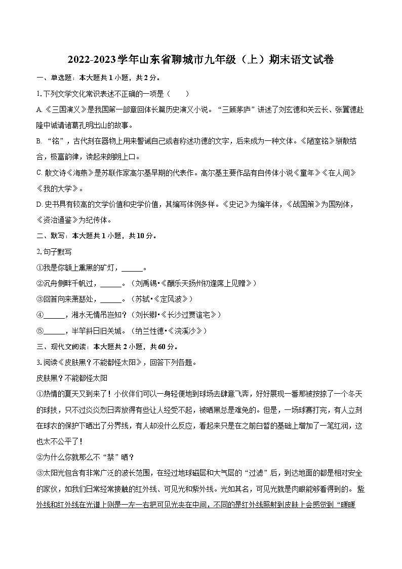 2022-2023学年山东省聊城市九年级（上）期末语文试卷（含详细答案解析）第1页