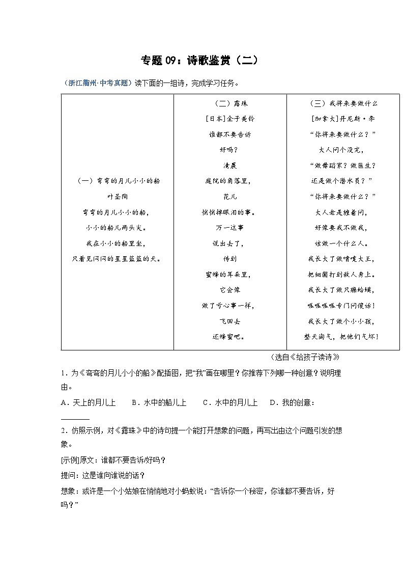 中考语文必刷真题精选 专题09：诗歌鉴赏（二）（含答案）01