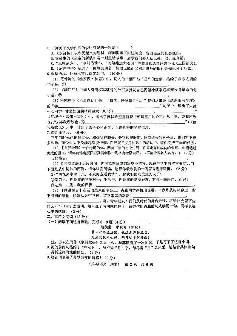 山东省菏泽市单县湖西学校2023—2024学年九年级上学期期末语文试卷02