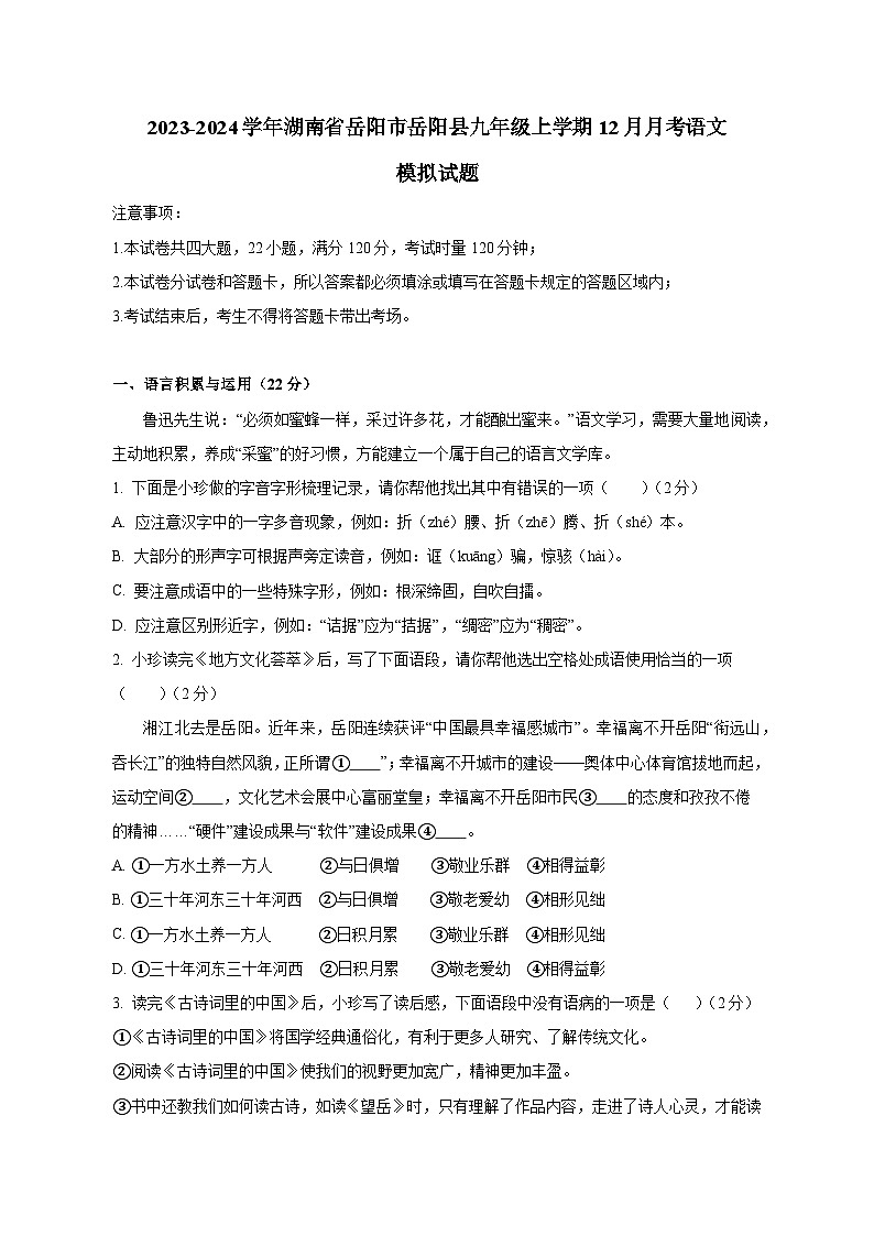 2023-2024学年湖南省岳阳市岳阳县九年级上册12月月考语文试题（附答案）01