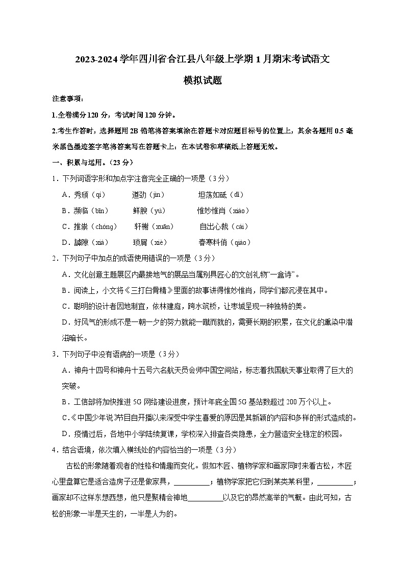 2023-2024学年四川省合江县八年级上册1月期末考试语文试题（附答案）01