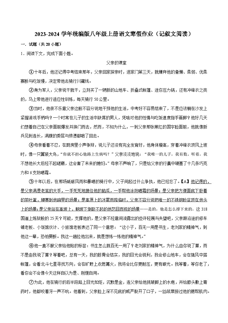 10寒假作业（记叙文阅读）-2023-2024学年八年级上册语文寒假作业专题(全国通用)01