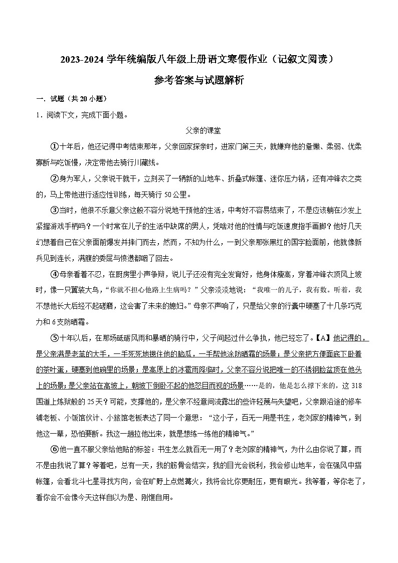 10寒假作业（记叙文阅读）-2023-2024学年八年级上册语文寒假作业专题(全国通用)01