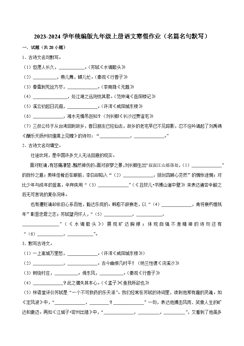 06寒假作业（名篇名句默写）-2023-2024学年九年级上册语文寒假作业专题(全国通用)01